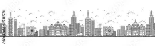 Seamless pattern with outline Melbourne Australia City Skyline with Modern and Historic Buildings Isolated on White. Melbourne Cityscape with Landmarks.