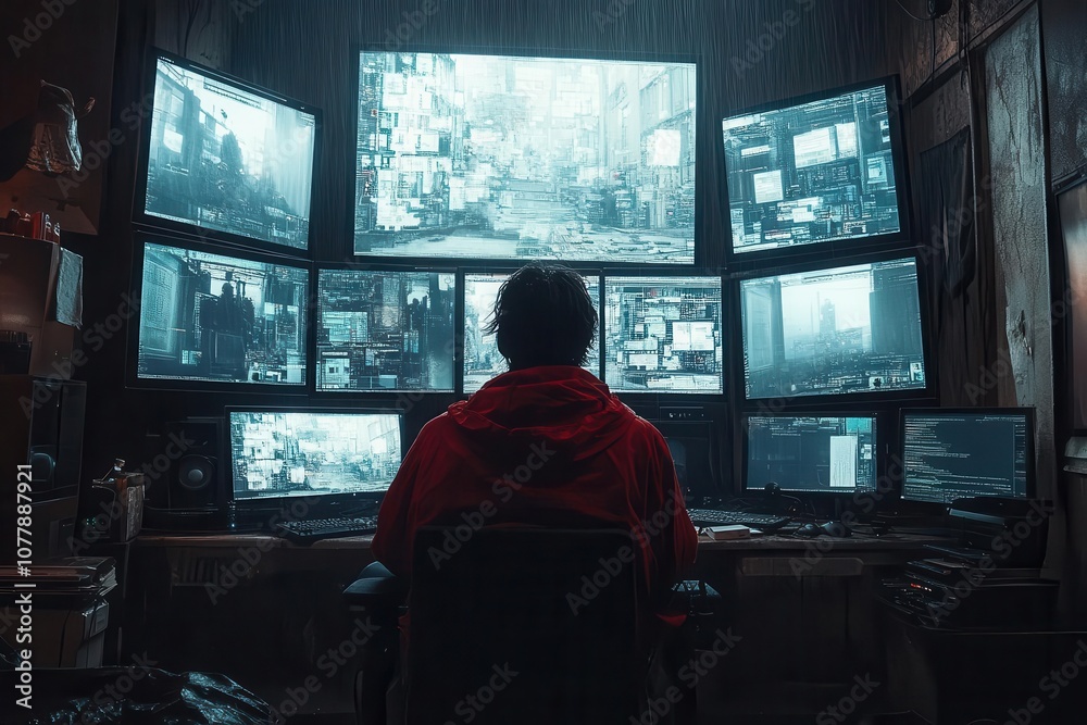hacker seated in front of multiple computer screens immersed in committing digital cybercrime captured in a dark moody atmosphere filled with technological intrigue hacker seated in front of multiple computer screens immersed in committing digital cybercrime captured in a dark moody atmosphere filled with technological intrigue