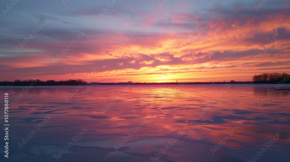 Fototapeta premium A serene icy lake at sunset, the deep reds and oranges of the sky reflected on the smooth surface of the ice
