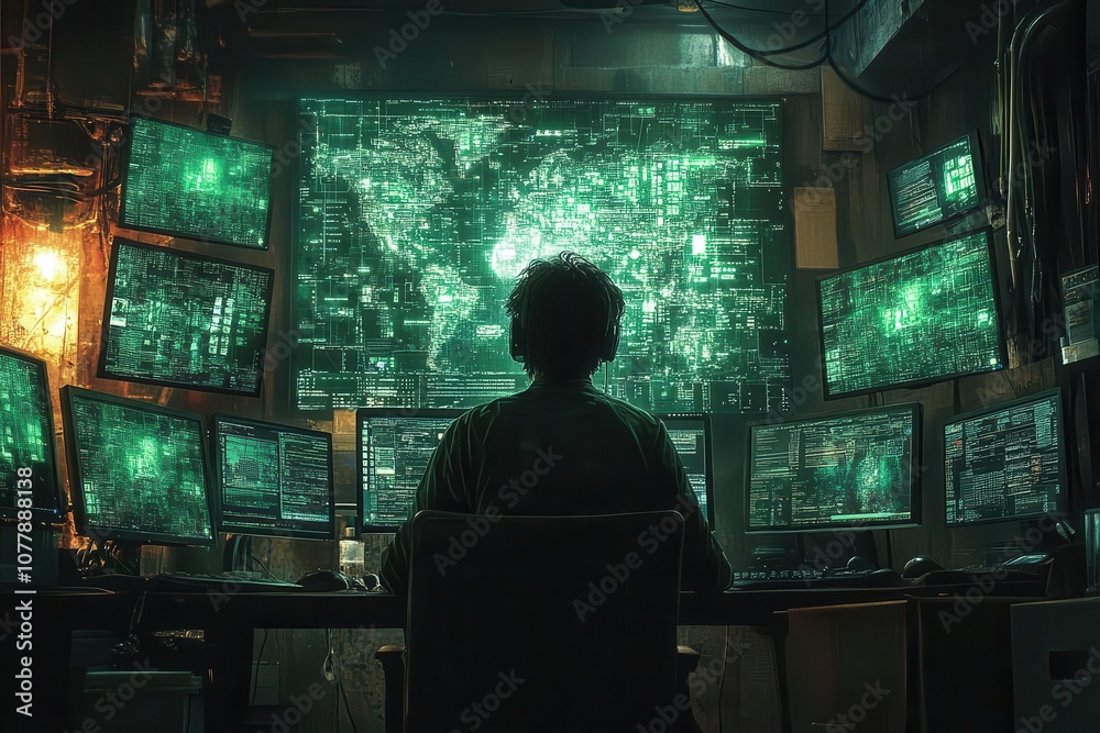 hacker seated in front of multiple computer screens immersed in committing digital cybercrime captured in a dark moody atmosphere filled with technological intrigue hacker seated in front of multiple computer screens immersed in committing digital cybercrime captured in a dark moody atmosphere filled with technological intrigue