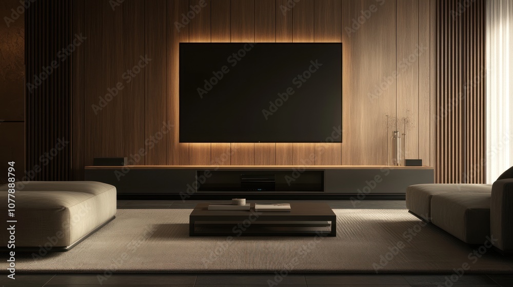 Fototapeta premium Modern Living Room with Wooden Wall and TV