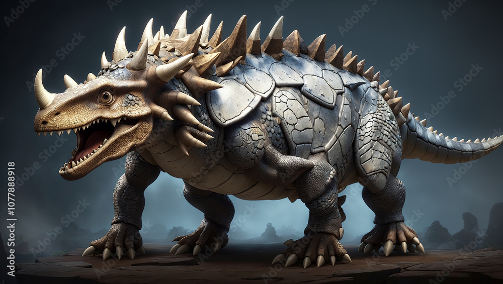 A large, blue dinosaur with bony plates and spikes. A large, blue dinosaur with bony plates and spikes.