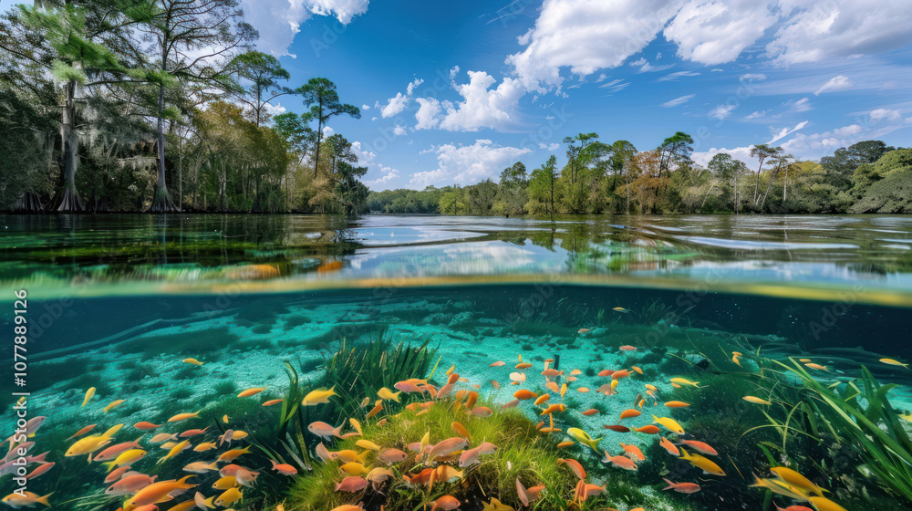 A serene lake with an underwater view, the clear water revealing the colorful fish and plants below, blending into the reflections above A serene lake with an underwater view, the clear water revealing the colorful fish and plants below, blending into the reflections above