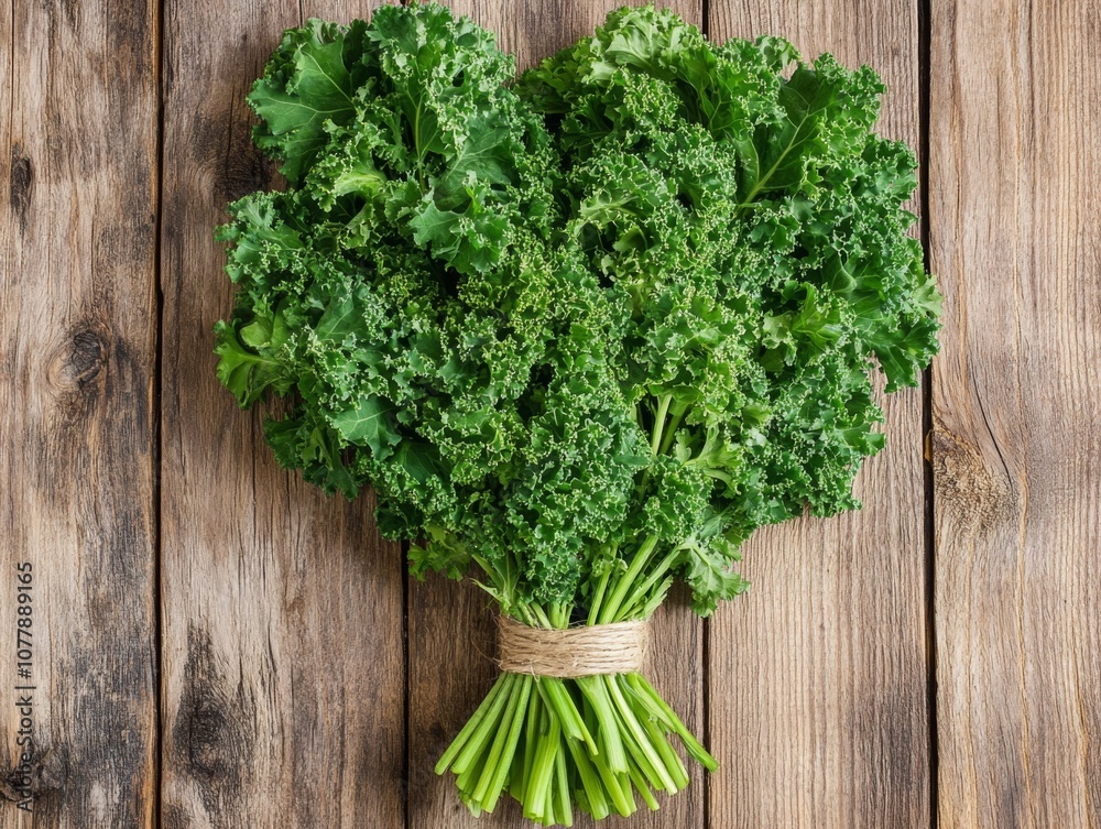 A Heart-Shaped Bouquet of Fresh Green Kale on Rustic Wooden Background A Heart-Shaped Bouquet of Fresh Green Kale on Rustic Wooden Background
