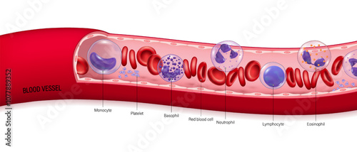 Human blood vessels. Red blood cells, Platelets and White blood cells (Basophil, Neutrophil, Eosinophil, Lymphocyte and Monocyte. Erythrocyte, lymphocyte and thrombocyte. Circulatory system.