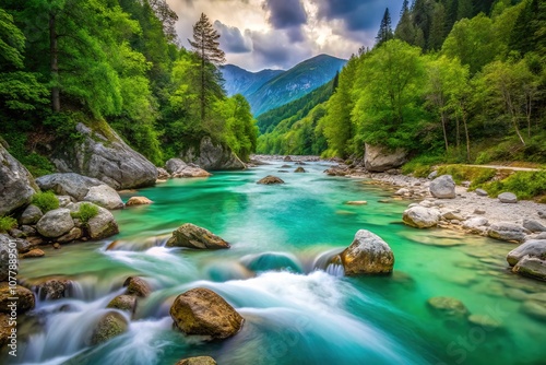 Emerald SoÄa River Long Exposure, Bovec Slovenia, Rocky Shore, Stunning Scenery photo