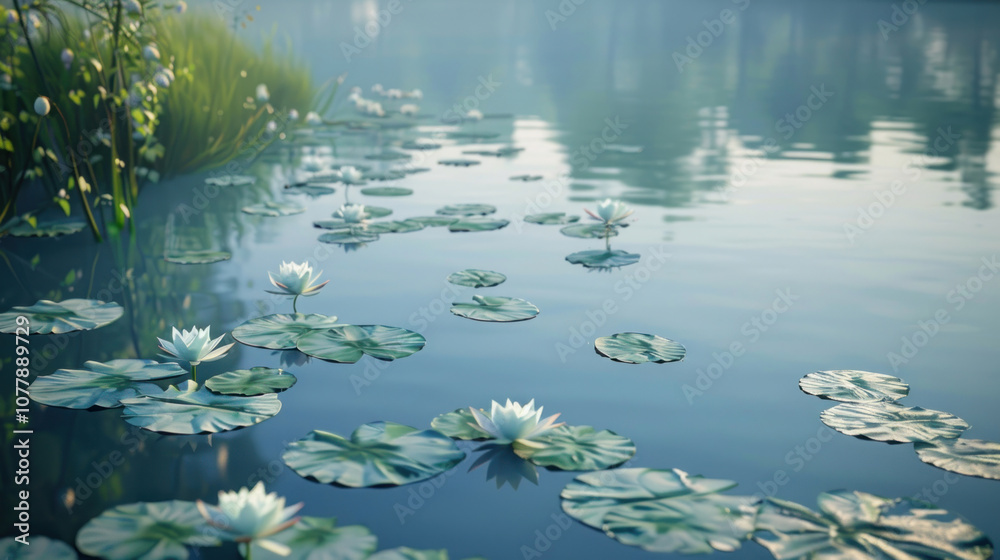 A serene lake with lily pads scattered across the surface, the delicate blooms adding a touch of natural beauty to the scene A serene lake with lily pads scattered across the surface, the delicate blooms adding a touch of natural beauty to the scene