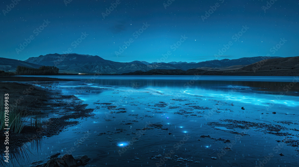 A serene lake with shimmering bioluminescent algae lighting up the water, creating an otherworldly glow against the night A serene lake with shimmering bioluminescent algae lighting up the water, creating an otherworldly glow against the night
