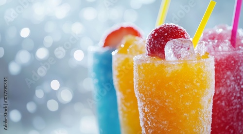Three frozen fruit drinks with a bokeh background.