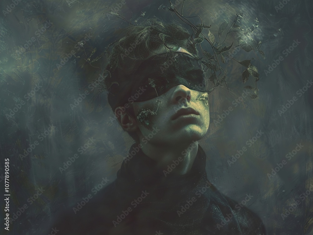 Blindfolded Man in a Dreamlike Forest: A Surreal Portrait Blindfolded Man in a Dreamlike Forest: A Surreal Portrait