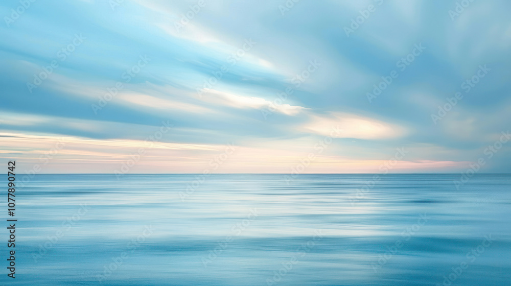 A serene sky meeting a calm ocean, the horizon blurred as the sky and water blend into soft blues A serene sky meeting a calm ocean, the horizon blurred as the sky and water blend into soft blues