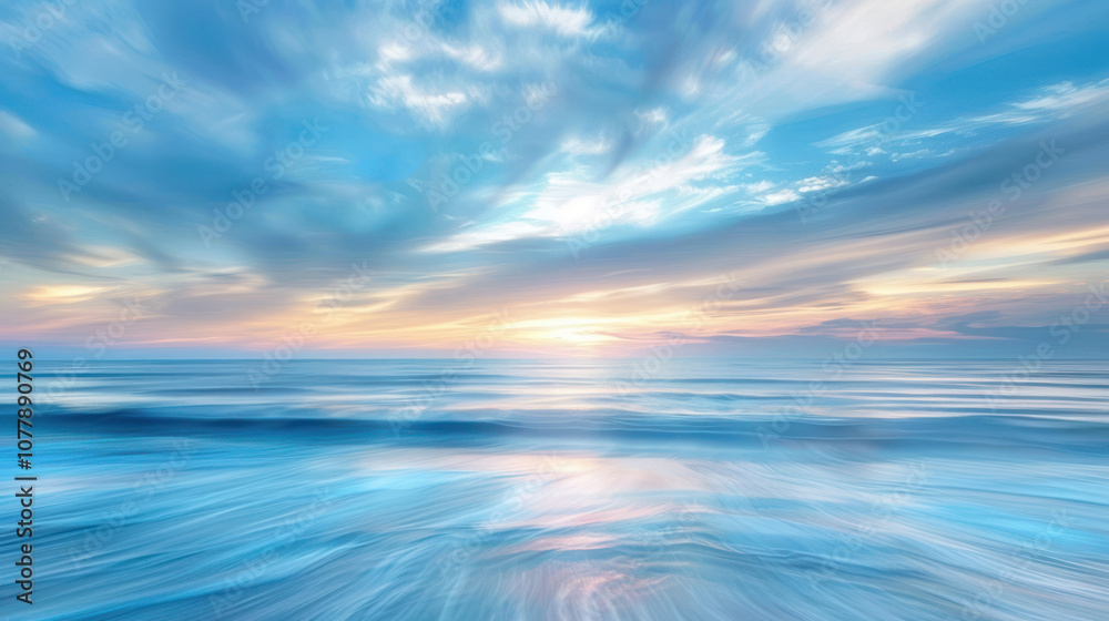 Fototapeta premium A serene sky meeting a calm ocean, the horizon blurred as the sky and water blend into soft blues