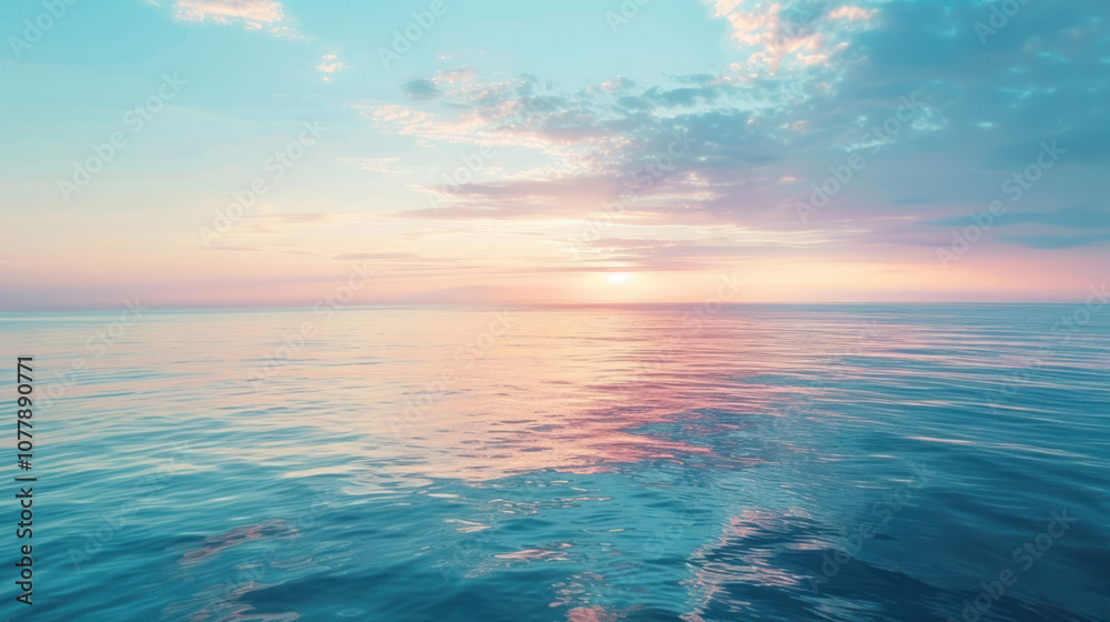 Naklejka premium A serene sky meeting a calm ocean, the horizon blurred as the sky and water blend into soft blues