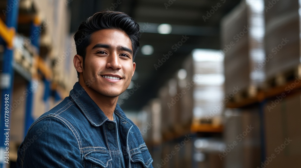 Fototapeta premium Confident Young Man Smiling in a Warehouse Environment