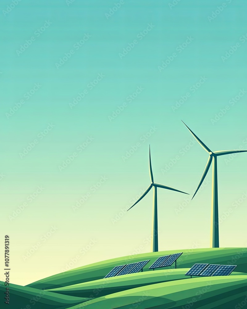 Obraz premium Wind turbines and solar panels on green hills under a clear blue sky.