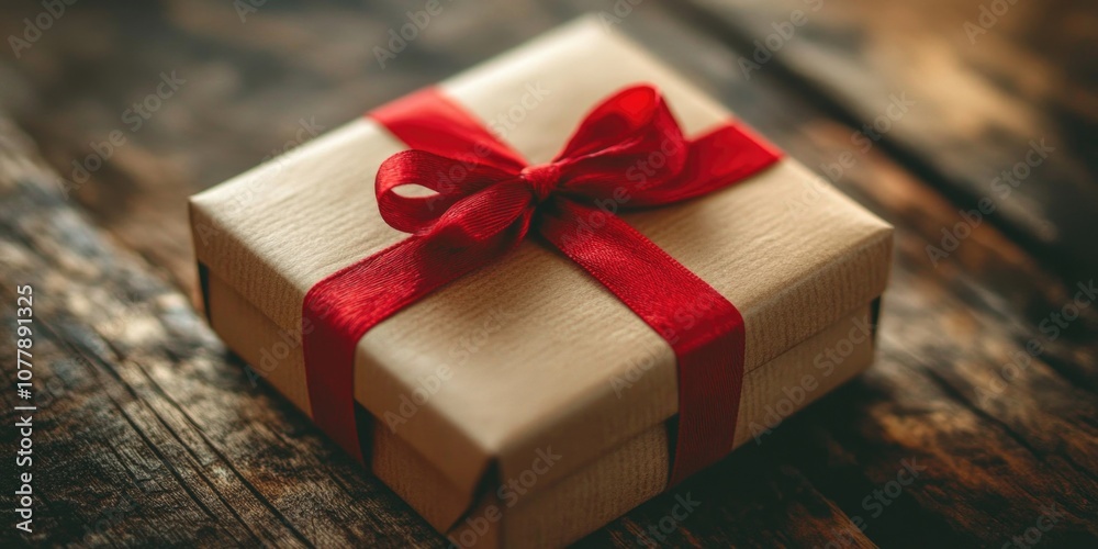 Gift wrapped in brown paper with red ribbon Gift wrapped in brown paper with red ribbon