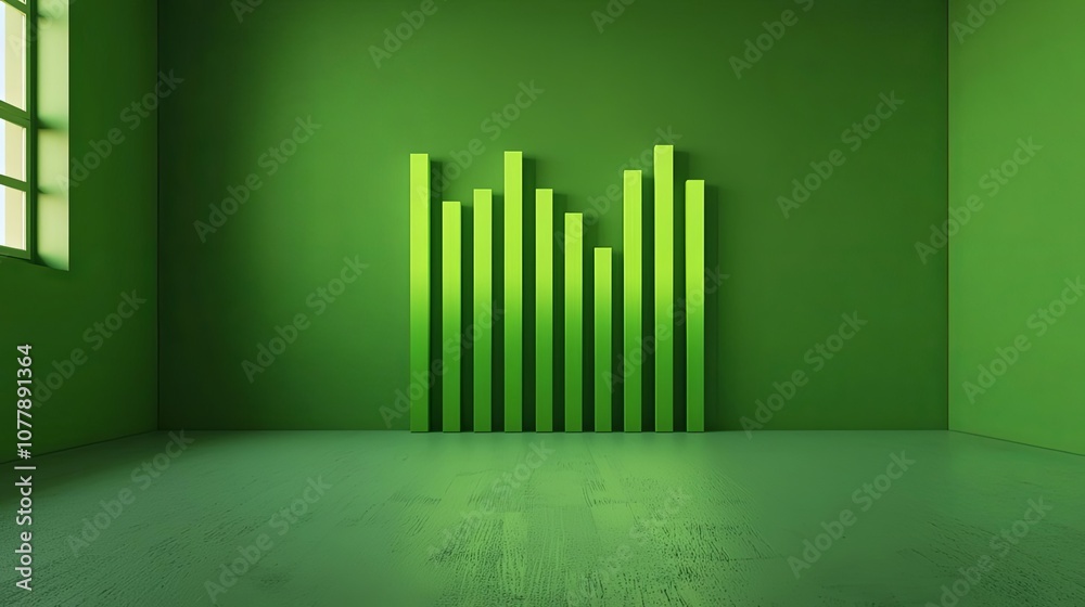 Green bar graph on a green wall, modern data visualization concept. Green bar graph on a green wall, modern data visualization concept.