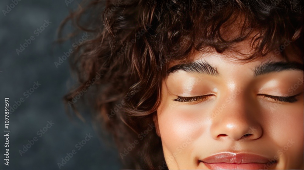 A close-up of a smiling person with curly hair, eyes closed, conveying calmness and joy. A close-up of a smiling person with curly hair, eyes closed, conveying calmness and joy.