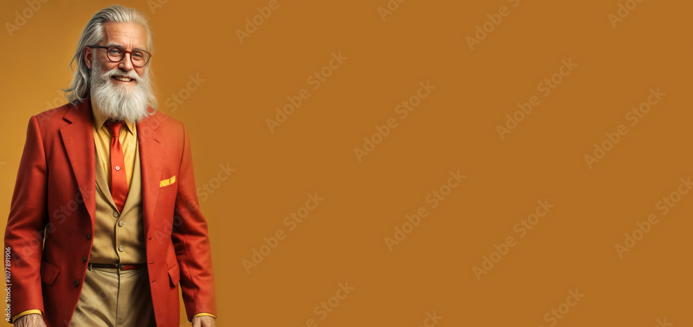 banner fashionably dressed gray-haired old smiling man with a long beard in bright glasses in a bright red colorful suit on a yellow background cinematic light with empty space for text or design banner fashionably dressed gray-haired old smiling man with a long beard in bright glasses in a bright red colorful suit on a yellow background cinematic light with empty space for text or design