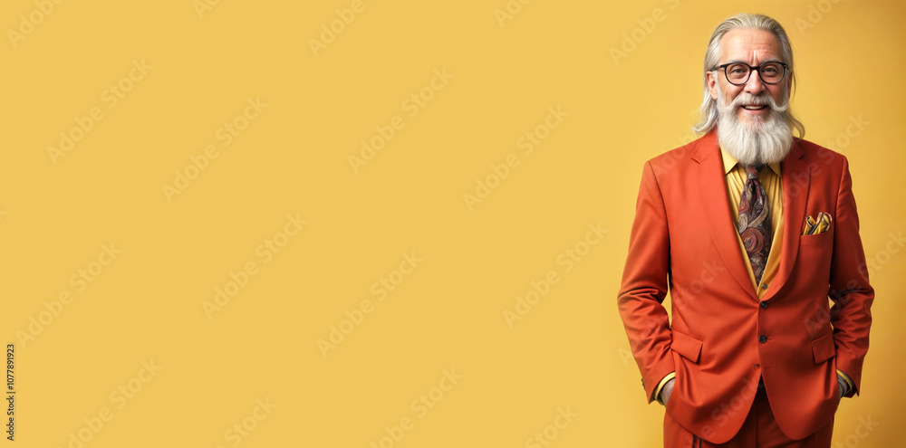 banner fashionably dressed gray-haired old smiling man with a long beard in bright glasses in a bright red colorful suit on a yellow background cinematic light with empty space for text or design banner fashionably dressed gray-haired old smiling man with a long beard in bright glasses in a bright red colorful suit on a yellow background cinematic light with empty space for text or design