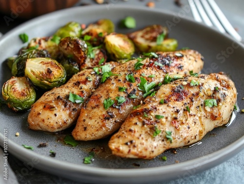 Roasted Chicken Breast with Roasted Brussels Sprouts and Herbs