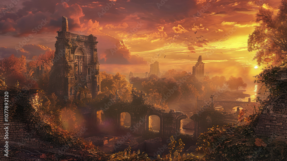 A serene sunset over an ancient city, with the ruins bathed in the soft light of the setting sun. A serene sunset over an ancient city, with the ruins bathed in the soft light of the setting sun.
