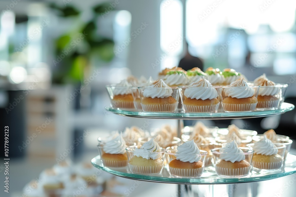 Delicious cupcakes with white frosting displayed on a glass tiered stand.