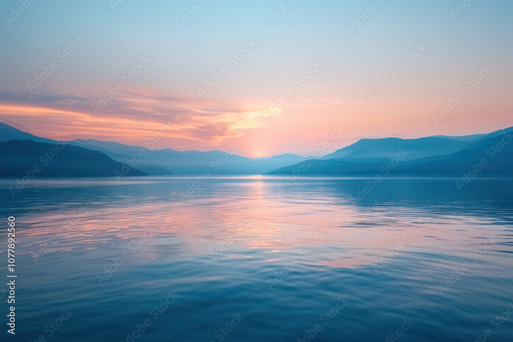 Obraz premium A serene sunset over a tranquil body of water, the last rays of light creating a beautiful reflection on the surface.