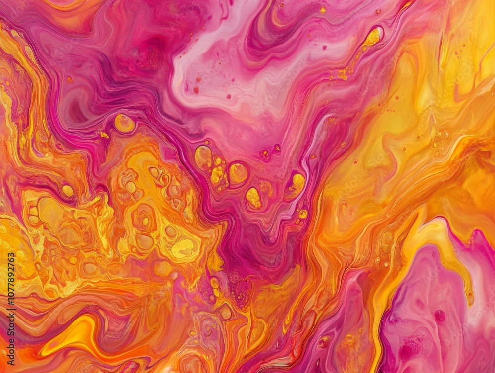 Fototapeta premium Abstract Swirling Yellow and Pink Paint with Gold Flecks