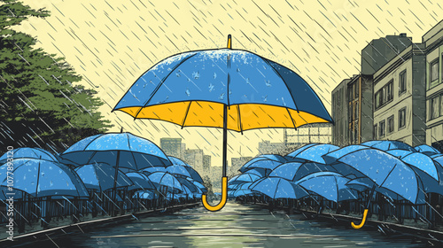 Vibrant Blue and Yellow Umbrella Dominates Urban Rainy Scene: Unique Umbrella Illustration, Rainy Cityscape with Buildings and Trees - Art Piece