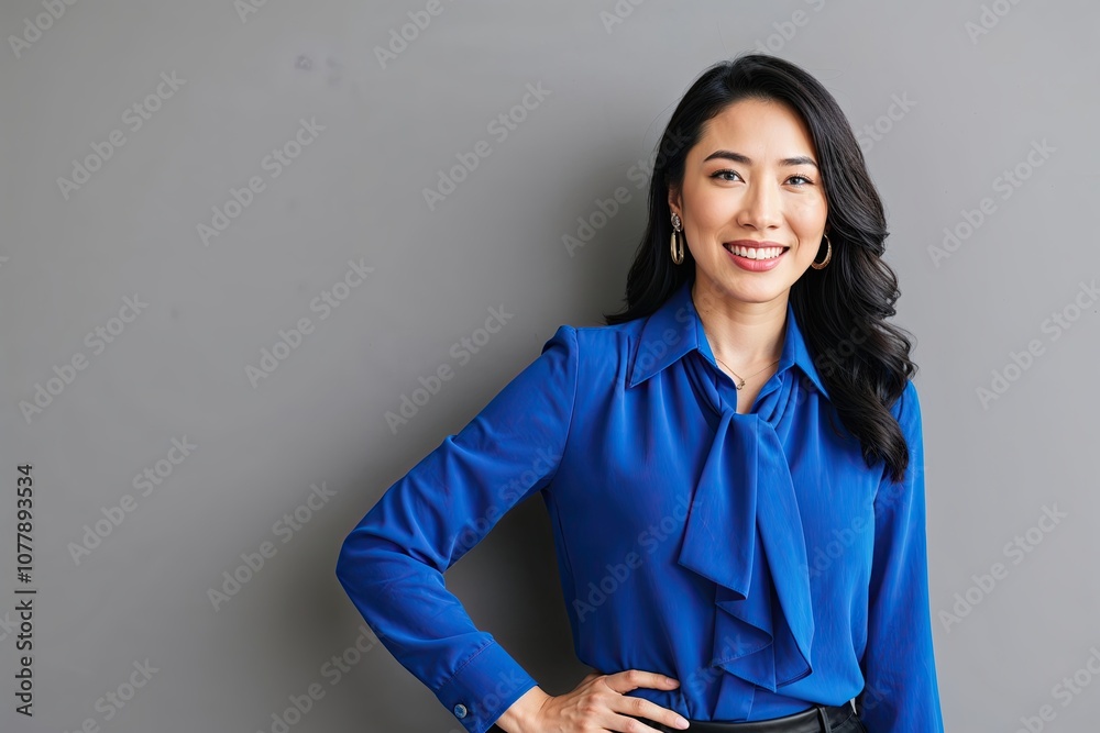 Dynamic Young Business Leader in Chic Cobalt Blue Top on Neutral Gray Background Dynamic Young Business Leader in Chic Cobalt Blue Top on Neutral Gray Background