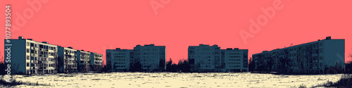 Urban apartment blocks under vibrant red sky, showcasing contrast between architecture and color, surrounded by an open field, evoking a sense of solitude and space