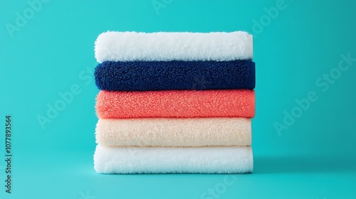 Soft folded towels in blue, coral, and white colors