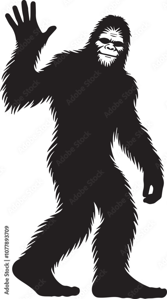 Bigfoot silhouette waving with a friendly stance Bigfoot silhouette waving with a friendly stance