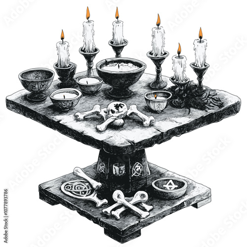 Mysterious Candlelit Altar with Bones and Symbols for Rituals, Magic, Occult Practices, Spiritual Offerings, and Sacred Ceremonies Illuminated by Flames