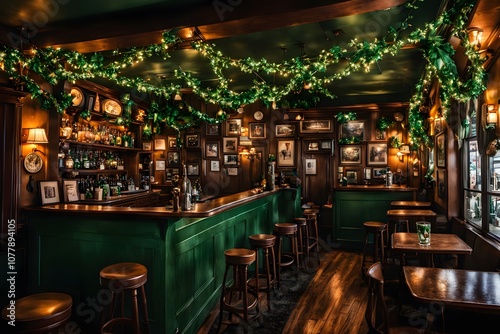 A festive rustic irish tavern with green and gold decorations shamrocks on tables and wooden bar, AI Generated