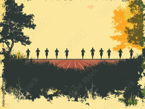 Dynamic Runners Racing on Track Amidst Scenic Nature with Trees, Silhouetted Athletes in Synchronized Motion, Vibrant Autumn Colors, Vintage Poster Art Style