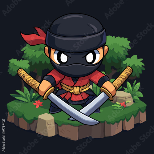 Ninja with dual swords on forest island, cartoon warrior in black mask, red outfit, standing on floating platform with trees and plants, ready for battle