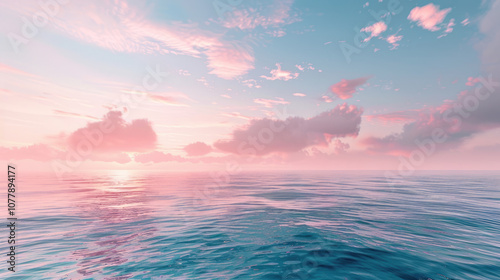 A soft pastel sky at dawn, the colors gently blending from pink to blue, casting a calm glow over the ocean