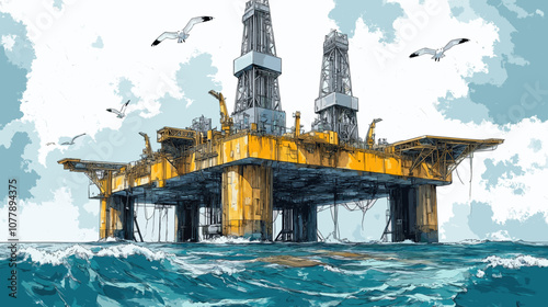 Majestic Offshore Oil Rig on Ocean Waters with Seagulls Flying Overhead, Featuring Industrial Engineering, Energy Production, and Marine Environment with Blue Sky