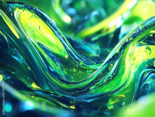 Abstract Green and Blue Liquid Swirling with Bubbles photo