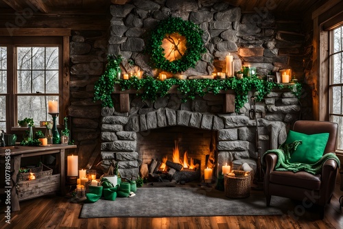 A cozy rustic fireplace surrounded by saint patricks day decorations with shamrocks, AI Generated photo