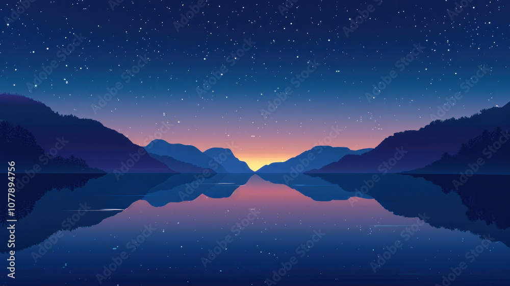 A still lake at night with the silhouette of distant mountains and a perfect reflection of the star-filled sky on the water's surface A still lake at night with the silhouette of distant mountains and a perfect reflection of the star-filled sky on the water's surface