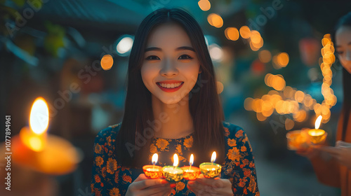 Woman Holding Candles in a Festive Setting - Photo photo