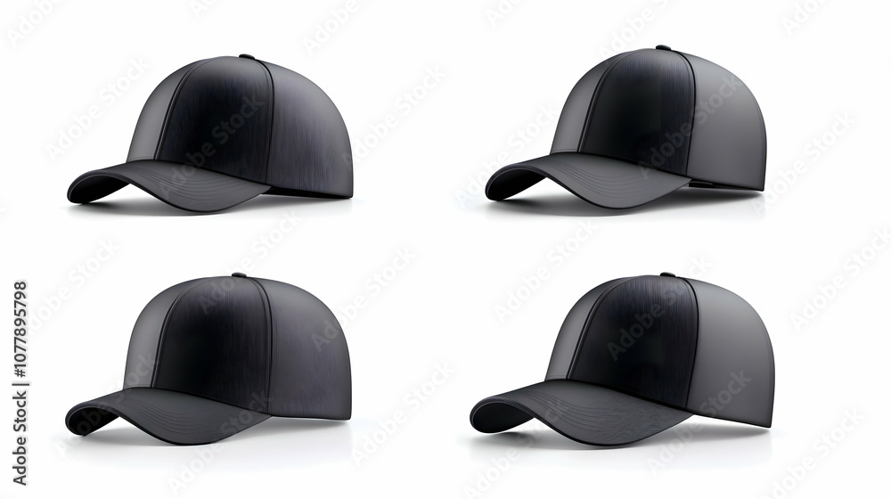 Realistic 3D mockup set of black caps, including sport baseball caps Realistic 3D mockup set of black caps, including sport baseball caps