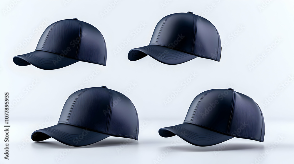 Realistic 3D mockup set of black caps, including sport baseball caps Realistic 3D mockup set of black caps, including sport baseball caps