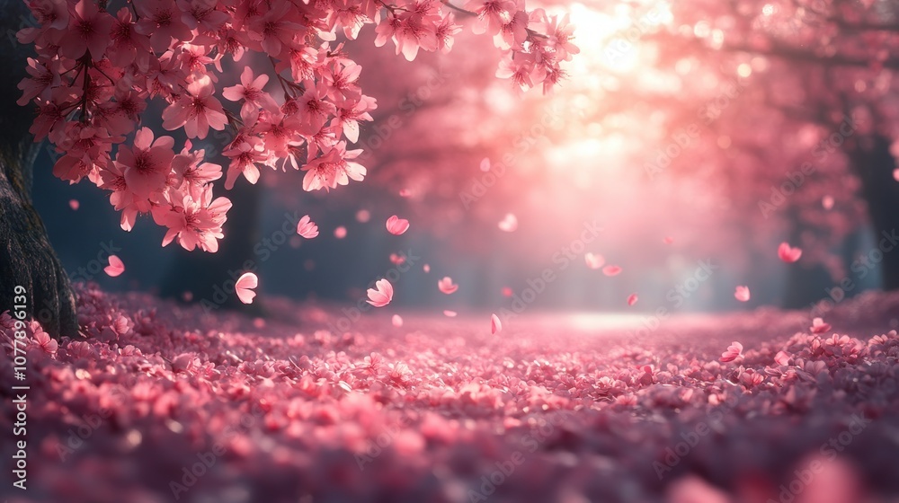 A soft light shines through a canopy of pink cherry blossom trees, as petals fall to the ground creating a magical scene. A soft light shines through a canopy of pink cherry blossom trees, as petals fall to the ground creating a magical scene.