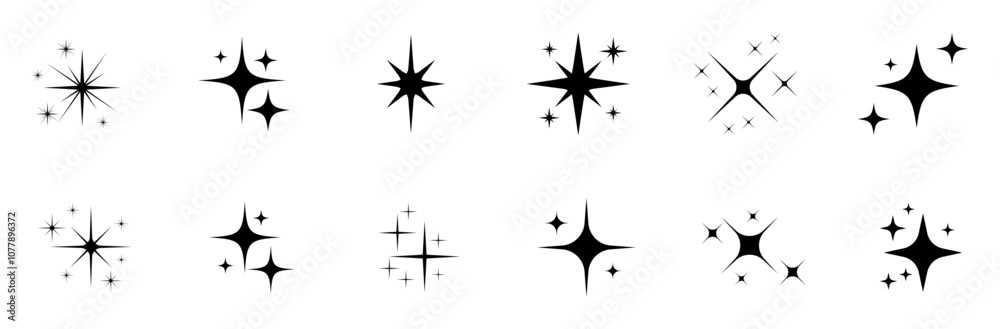Black sparkles symbols vector icons set isolated. Shine or sparkle vector set of twelve various stars in black color on white background. Vector illustration. Black sparkles symbols vector icons set isolated. Shine or sparkle vector set of twelve various stars in black color on white background. Vector illustration.