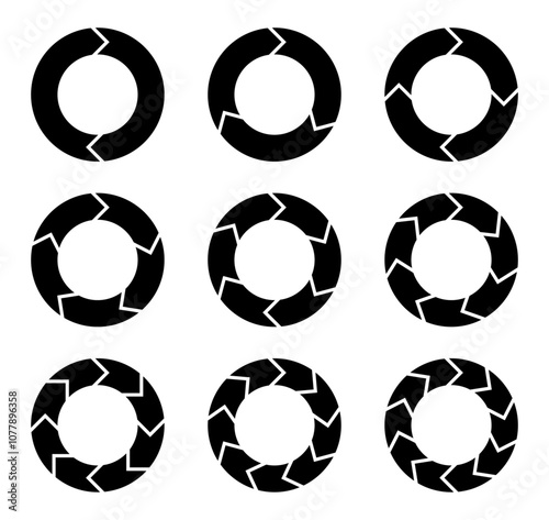 Rotation arrows in circular motion. Set of circular diagram infographic set. Cycle diagram with arrows set. Rotation round cycle vector scheme process template.
