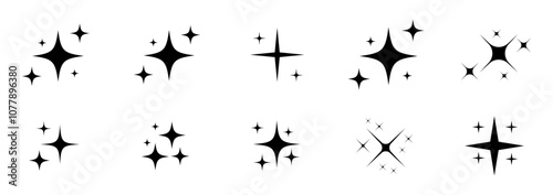 Sparkle star vector icons set. Star icons vector set. Shine or sparkle vector set of ten various stars in black color on white background.